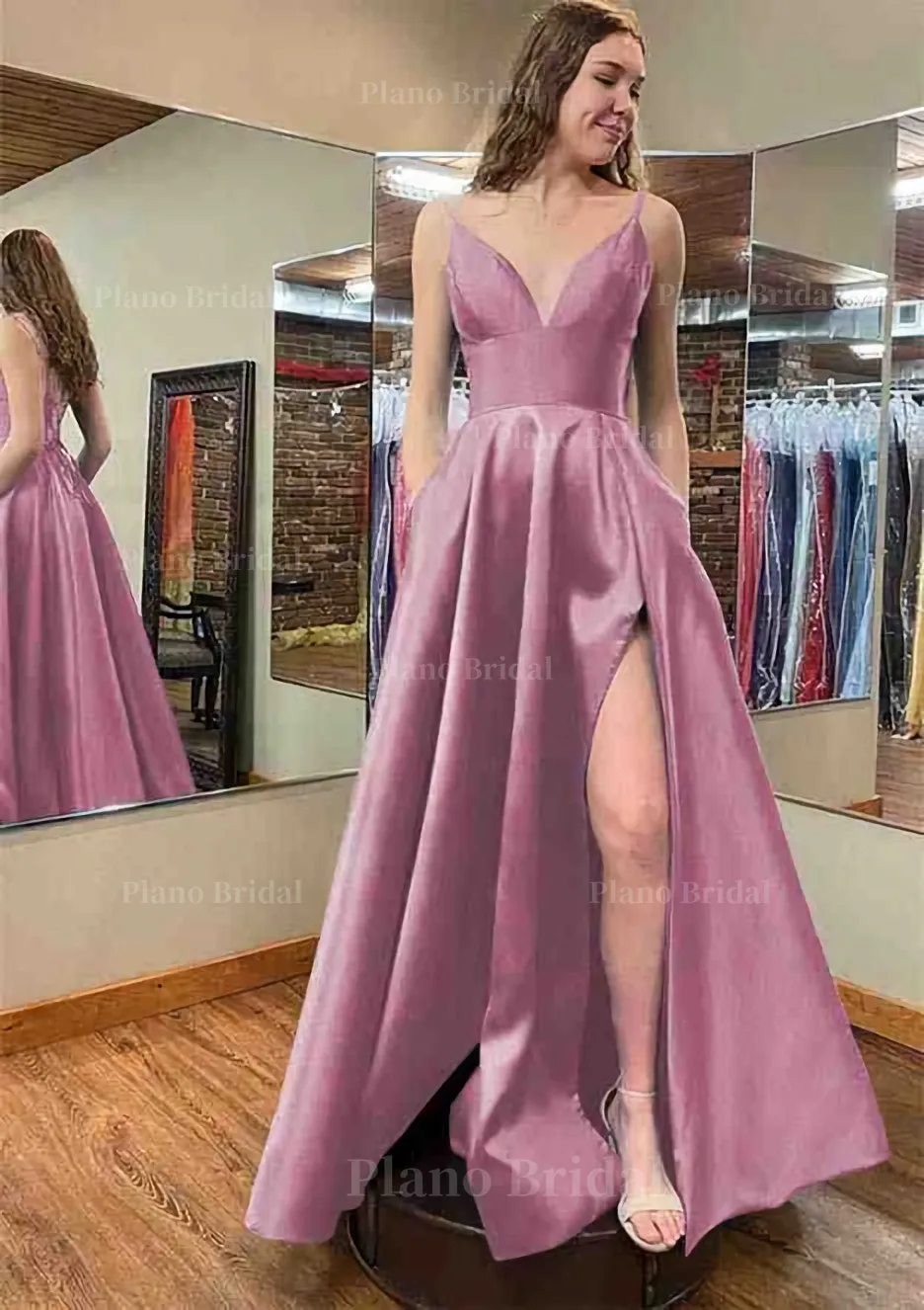 A-line V Neck Sleeveless Satin Long/Floor-Length Prom Dress With Pockets Split