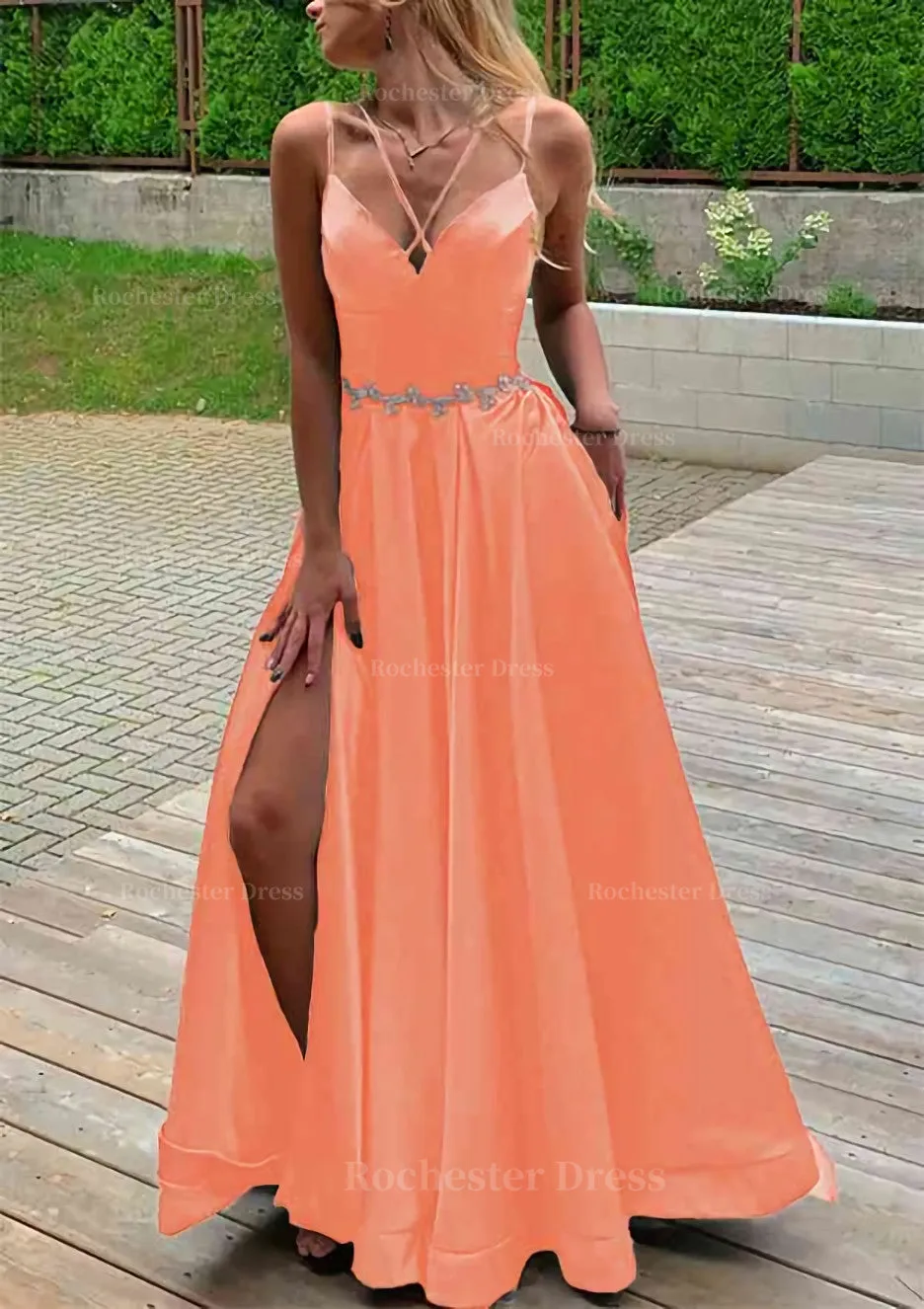 A-line V Neck Sleeveless Satin Sweep Train Prom Dress With Pockets Waistband Split