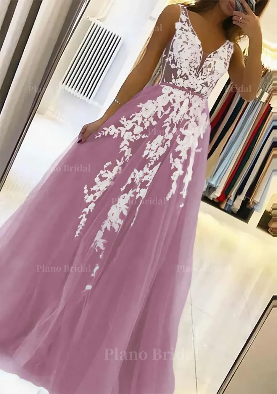 A-line V Neck Sleeveless Sweep Train Tulle Prom Dress With Beading Lace