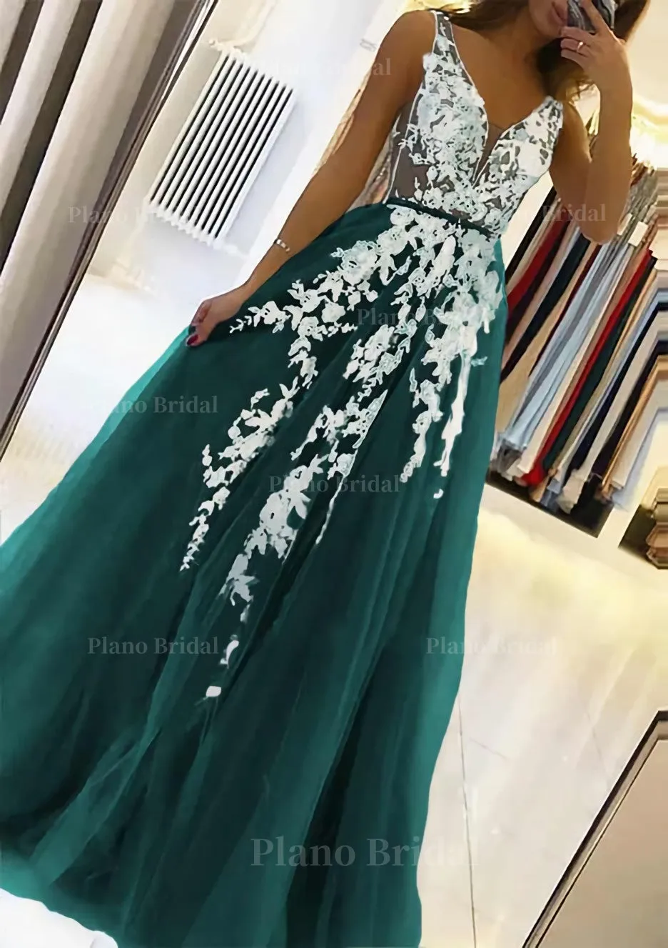 A-line V Neck Sleeveless Sweep Train Tulle Prom Dress With Beading Lace