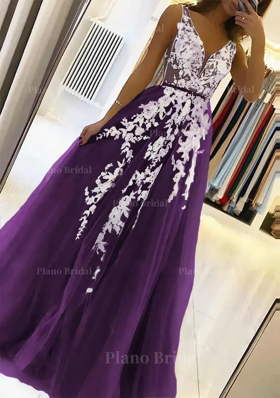 A-line V Neck Sleeveless Sweep Train Tulle Prom Dress With Beading Lace