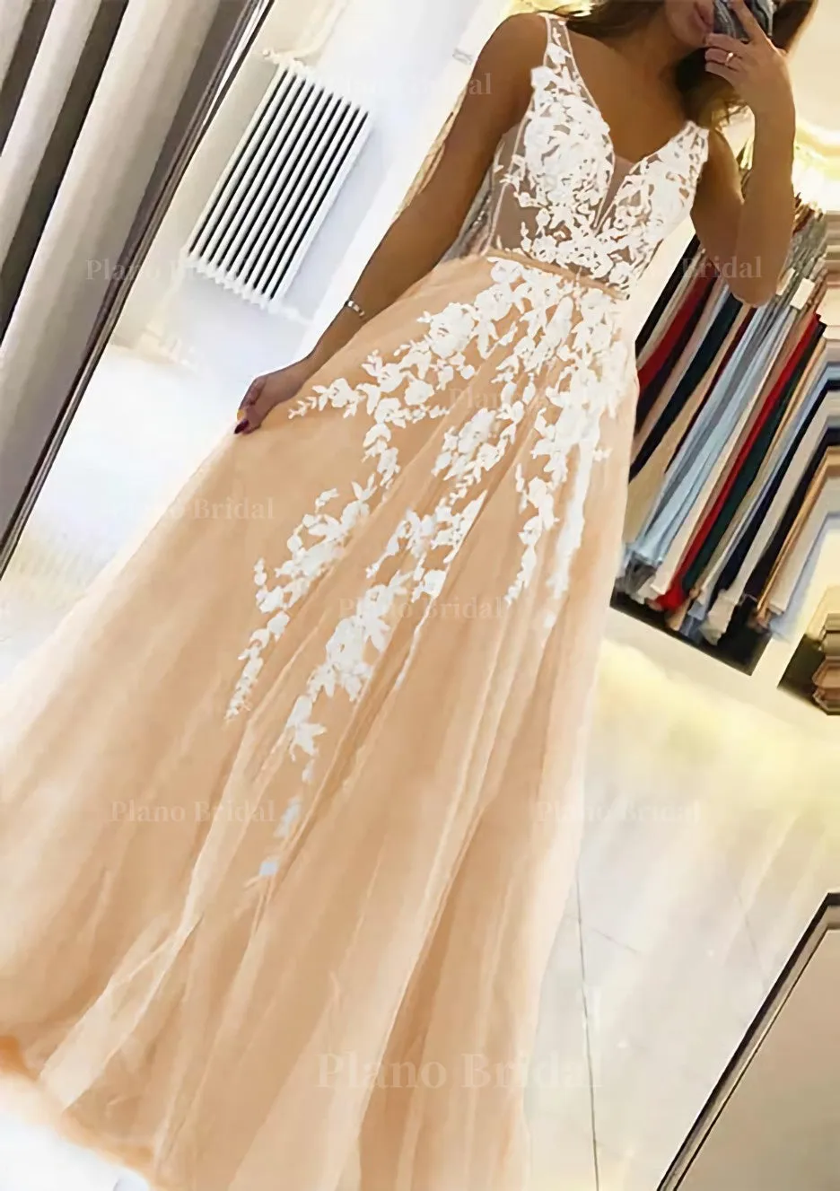 A-line V Neck Sleeveless Sweep Train Tulle Prom Dress With Beading Lace