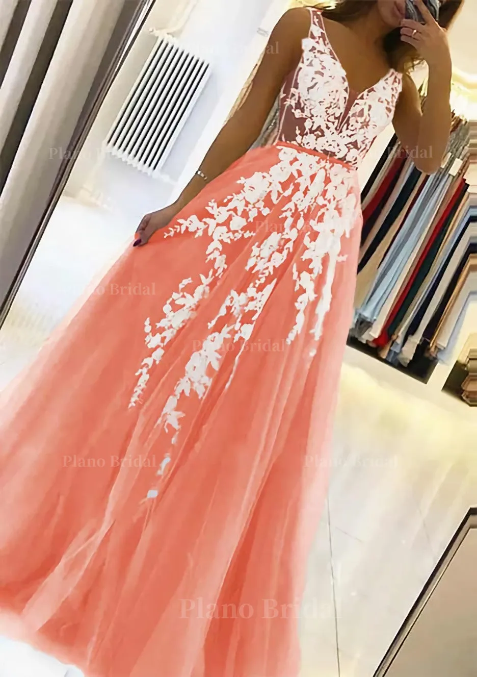 A-line V Neck Sleeveless Sweep Train Tulle Prom Dress With Beading Lace