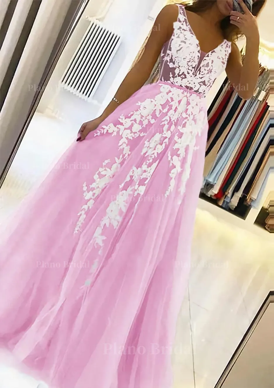 A-line V Neck Sleeveless Sweep Train Tulle Prom Dress With Beading Lace