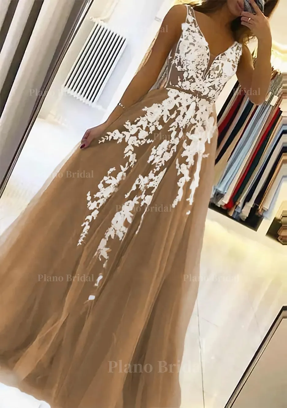 A-line V Neck Sleeveless Sweep Train Tulle Prom Dress With Beading Lace