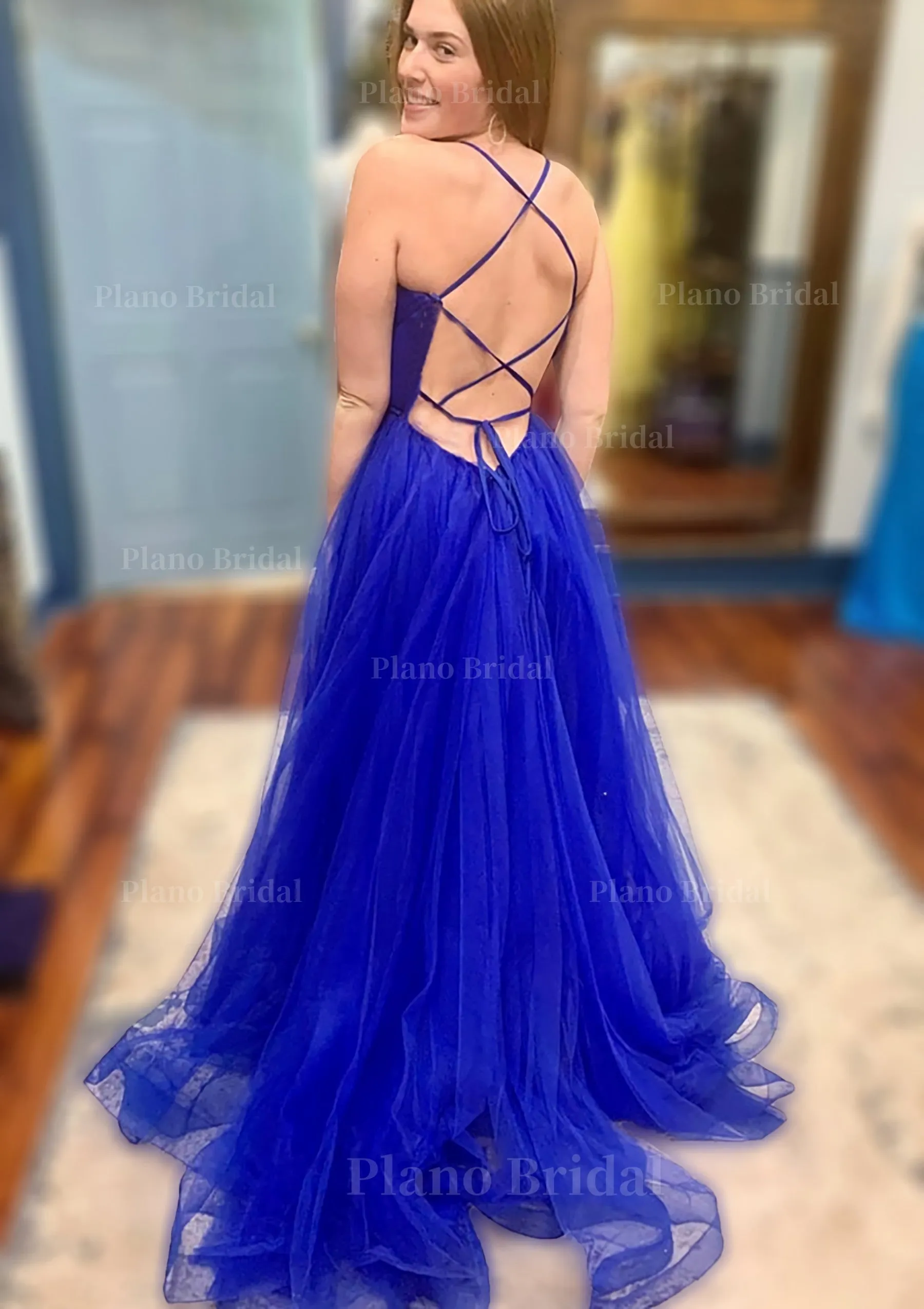 A-line V Neck Spaghetti Straps Court Train Tulle Prom Dress With Split