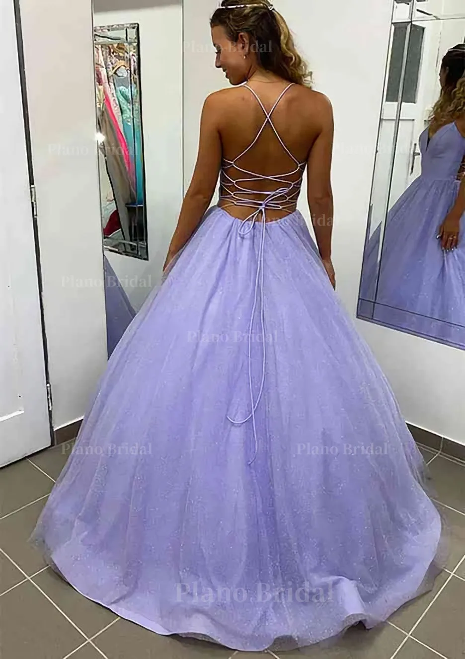 A-line V Neck Spaghetti Straps Long/Floor-Length Glitter Prom Dress With Pockets