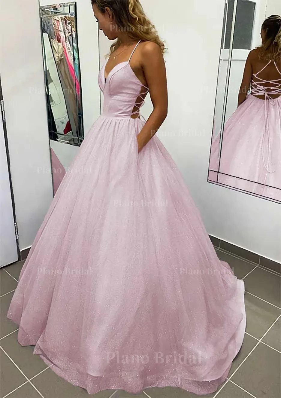 A-line V Neck Spaghetti Straps Long/Floor-Length Glitter Prom Dress With Pockets