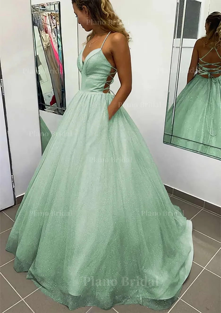 A-line V Neck Spaghetti Straps Long/Floor-Length Glitter Prom Dress With Pockets