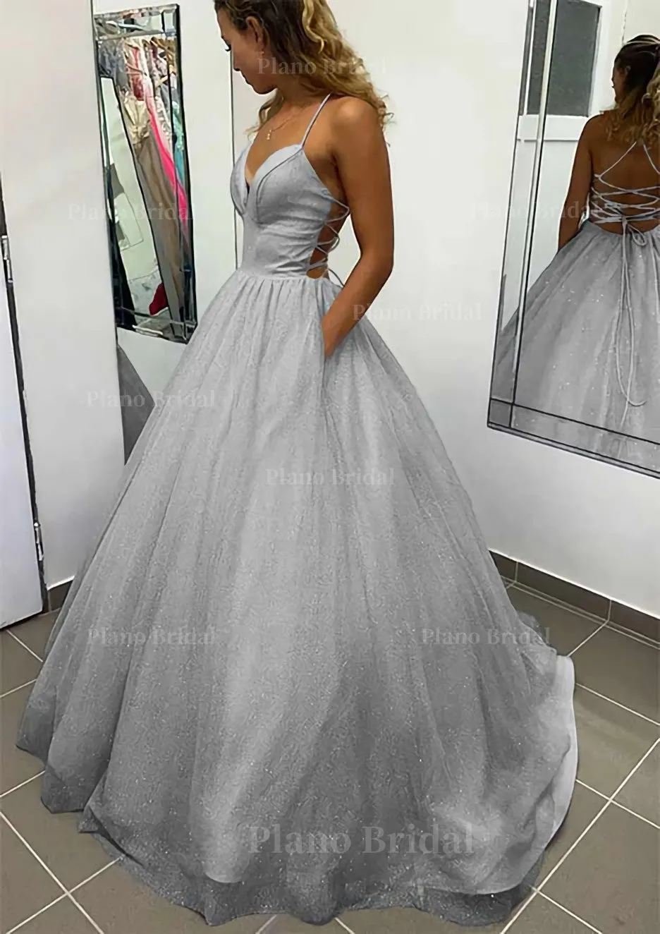 A-line V Neck Spaghetti Straps Long/Floor-Length Glitter Prom Dress With Pockets