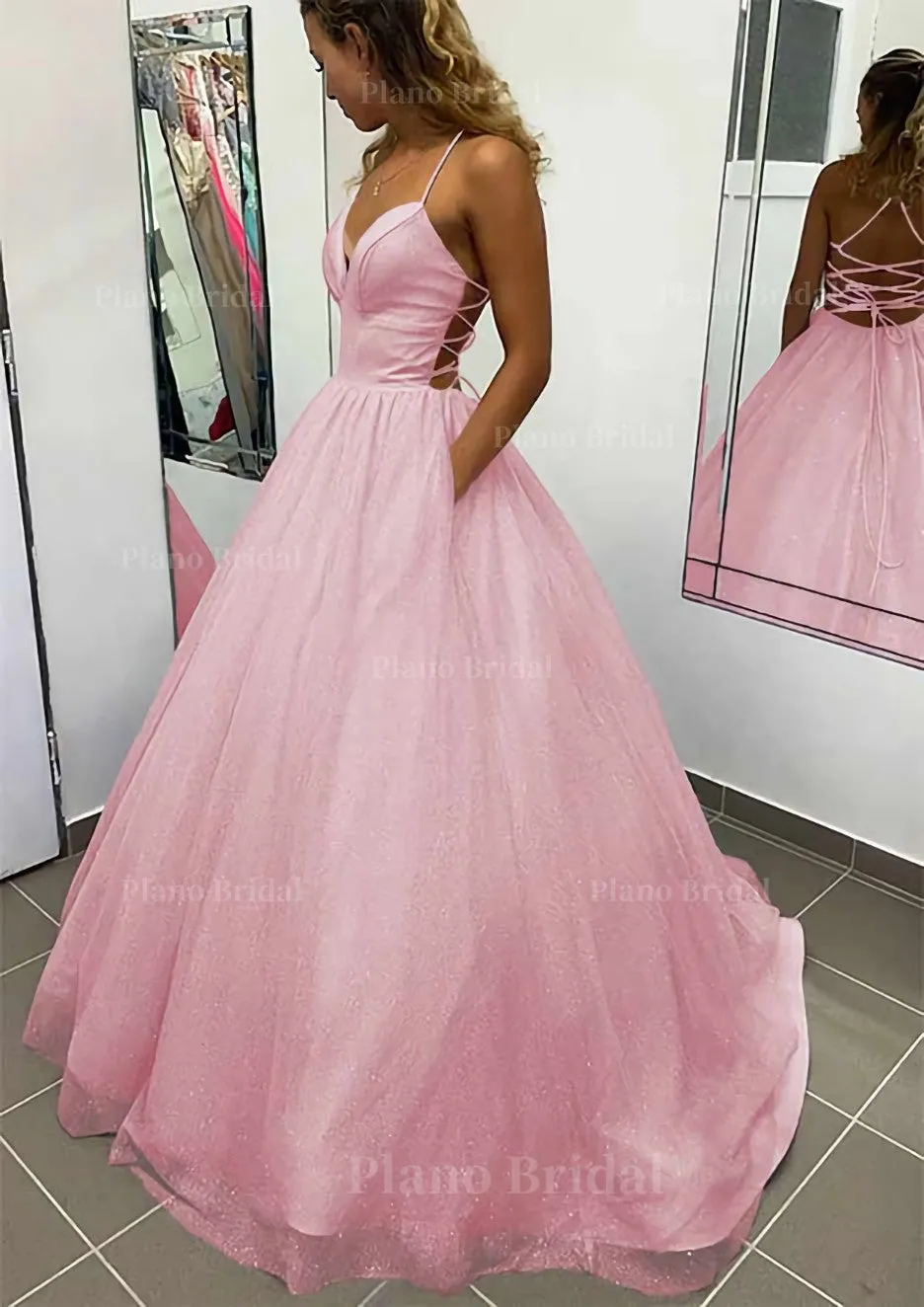 A-line V Neck Spaghetti Straps Long/Floor-Length Glitter Prom Dress With Pockets