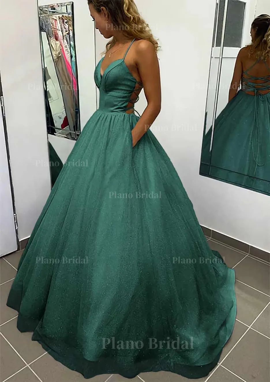 A-line V Neck Spaghetti Straps Long/Floor-Length Glitter Prom Dress With Pockets