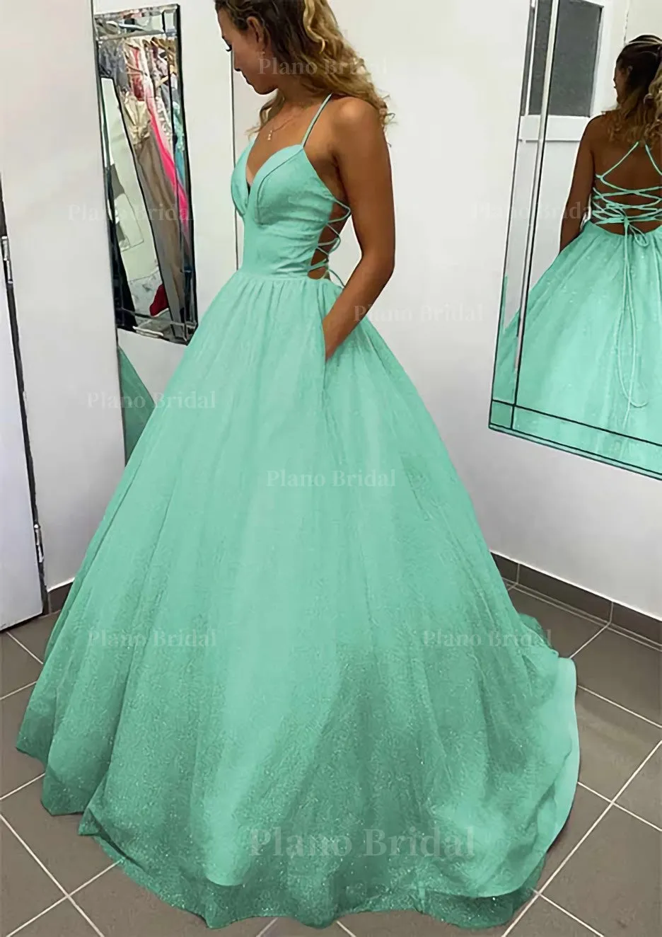 A-line V Neck Spaghetti Straps Long/Floor-Length Glitter Prom Dress With Pockets