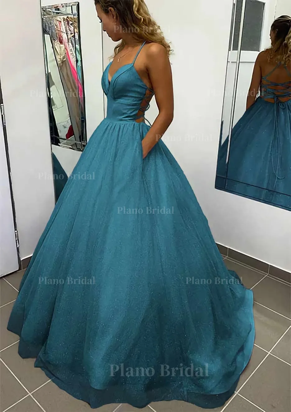 A-line V Neck Spaghetti Straps Long/Floor-Length Glitter Prom Dress With Pockets