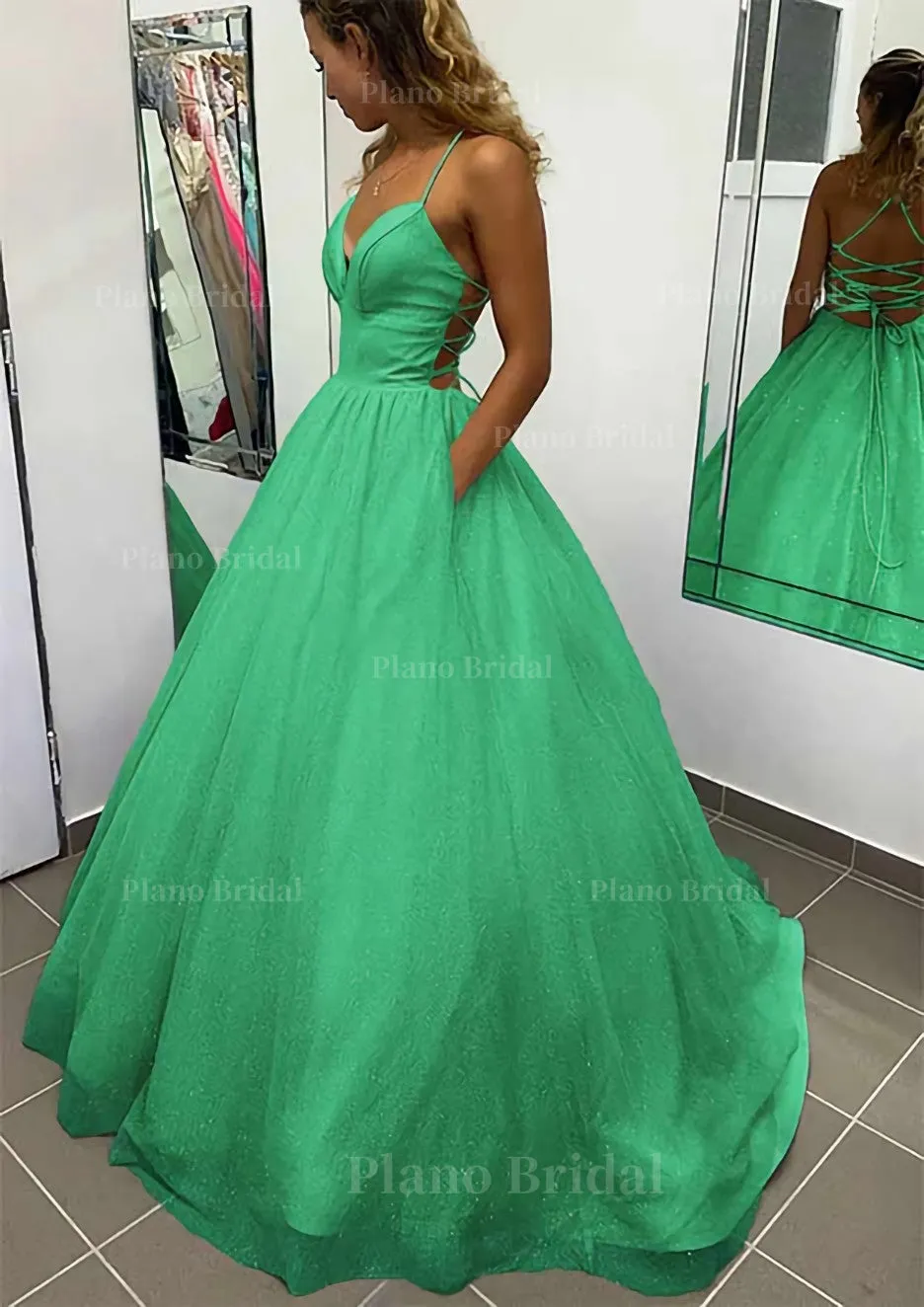 A-line V Neck Spaghetti Straps Long/Floor-Length Glitter Prom Dress With Pockets