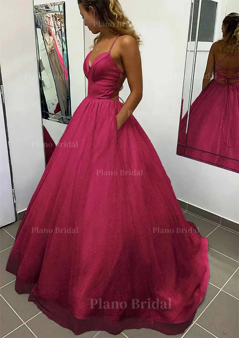 A-line V Neck Spaghetti Straps Long/Floor-Length Glitter Prom Dress With Pockets