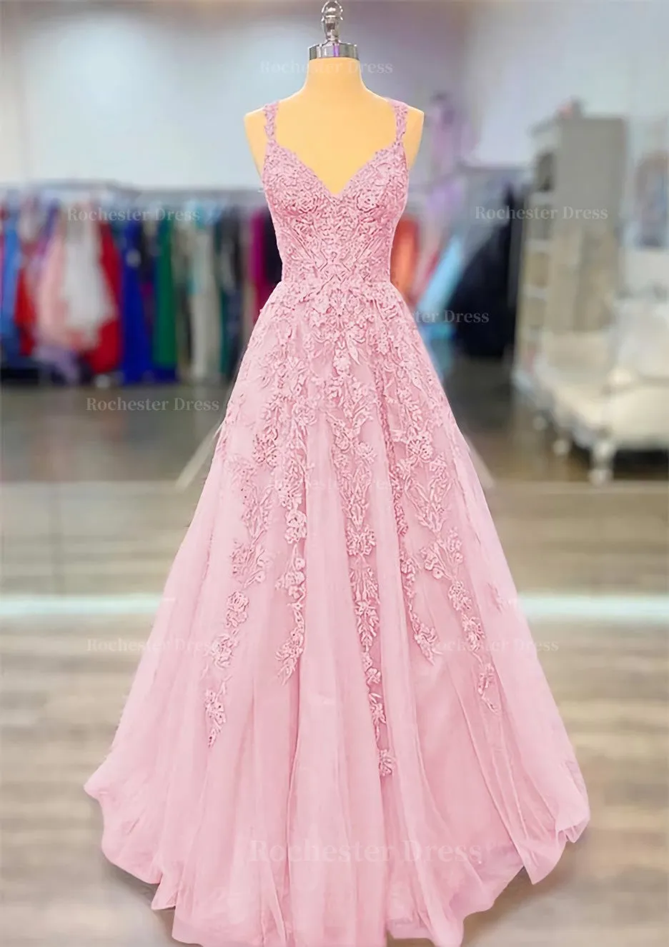 A-line V Neck Spaghetti Straps Long/Floor-Length Lace Prom Dress With Beading