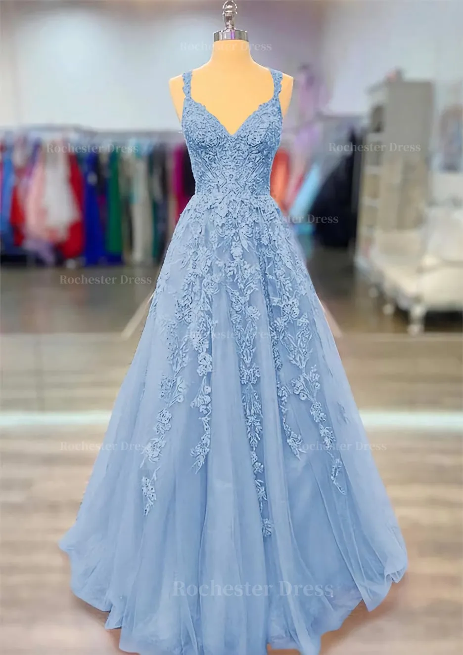 A-line V Neck Spaghetti Straps Long/Floor-Length Lace Prom Dress With Beading