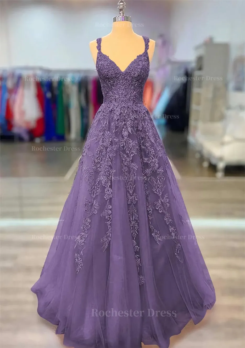 A-line V Neck Spaghetti Straps Long/Floor-Length Lace Prom Dress With Beading