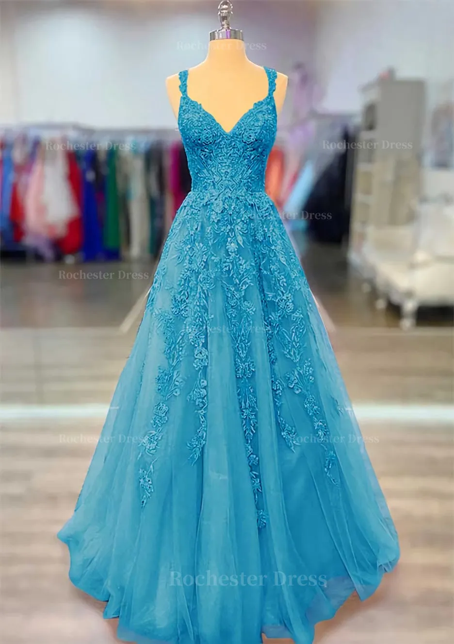 A-line V Neck Spaghetti Straps Long/Floor-Length Lace Prom Dress With Beading