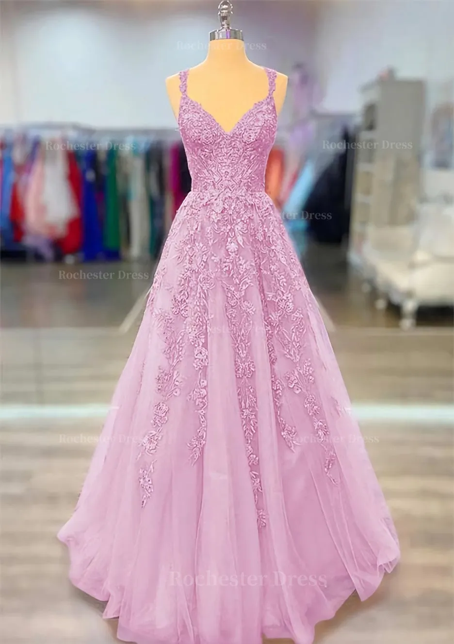 A-line V Neck Spaghetti Straps Long/Floor-Length Lace Prom Dress With Beading