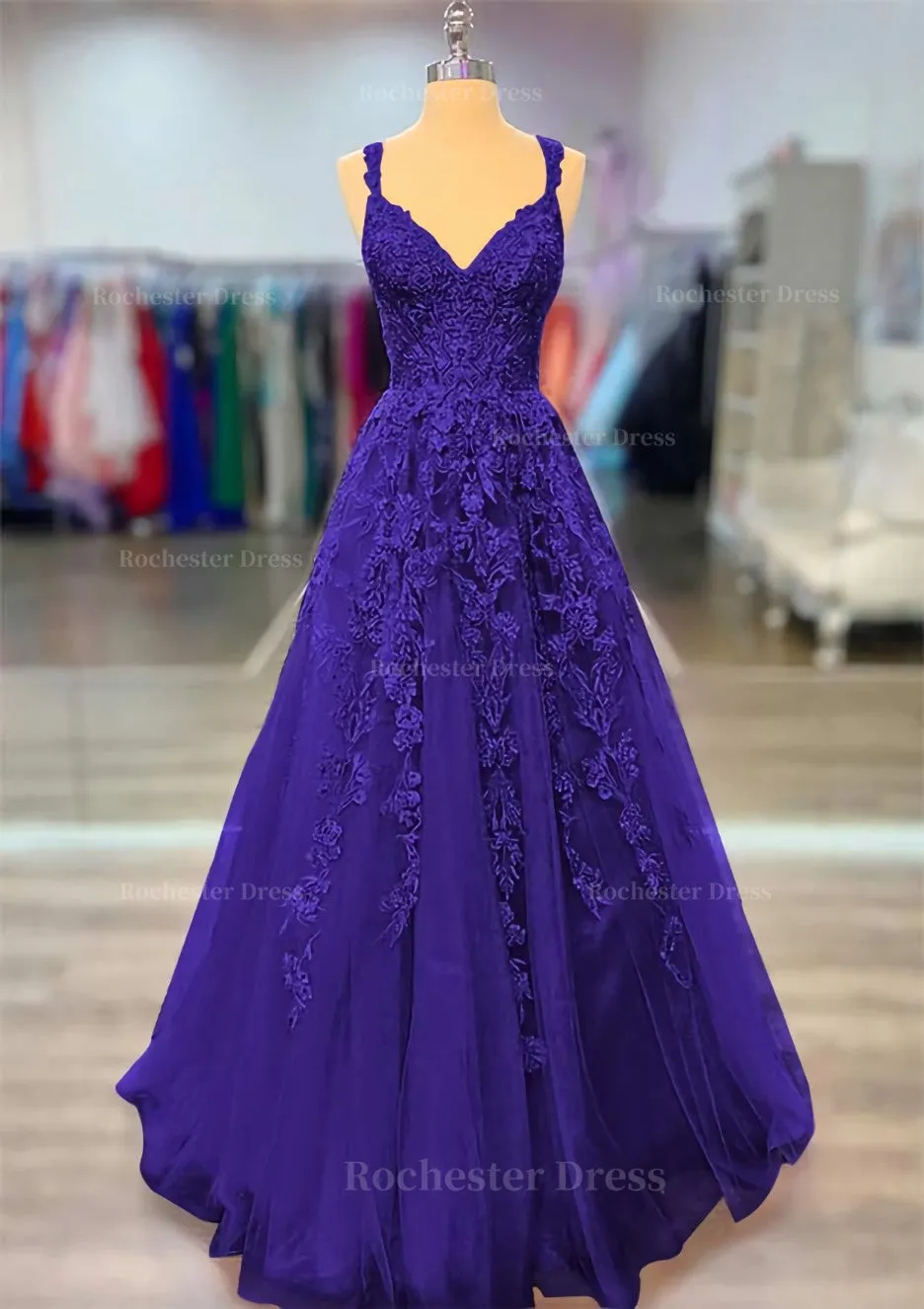 A-line V Neck Spaghetti Straps Long/Floor-Length Lace Prom Dress With Beading