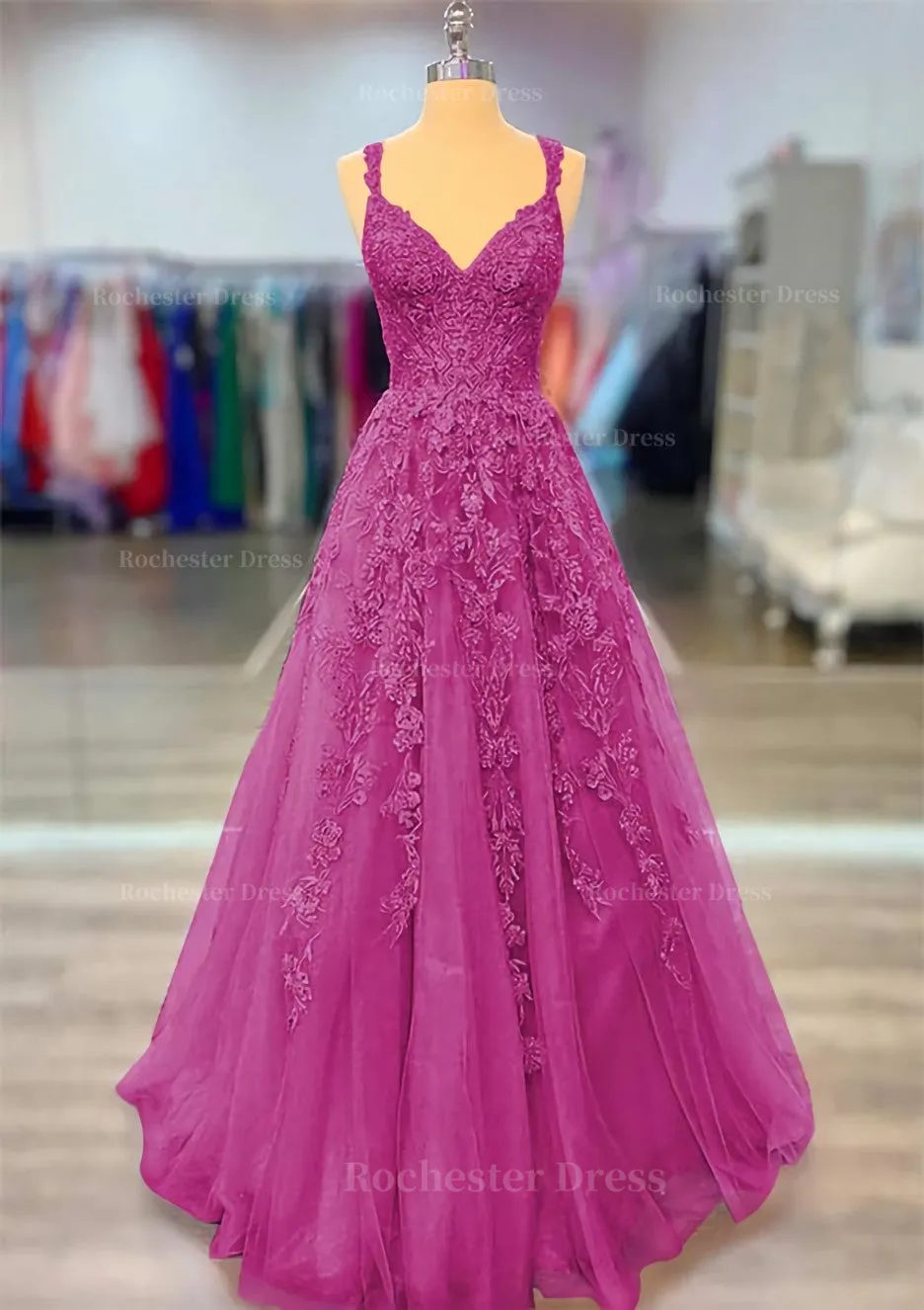 A-line V Neck Spaghetti Straps Long/Floor-Length Lace Prom Dress With Beading