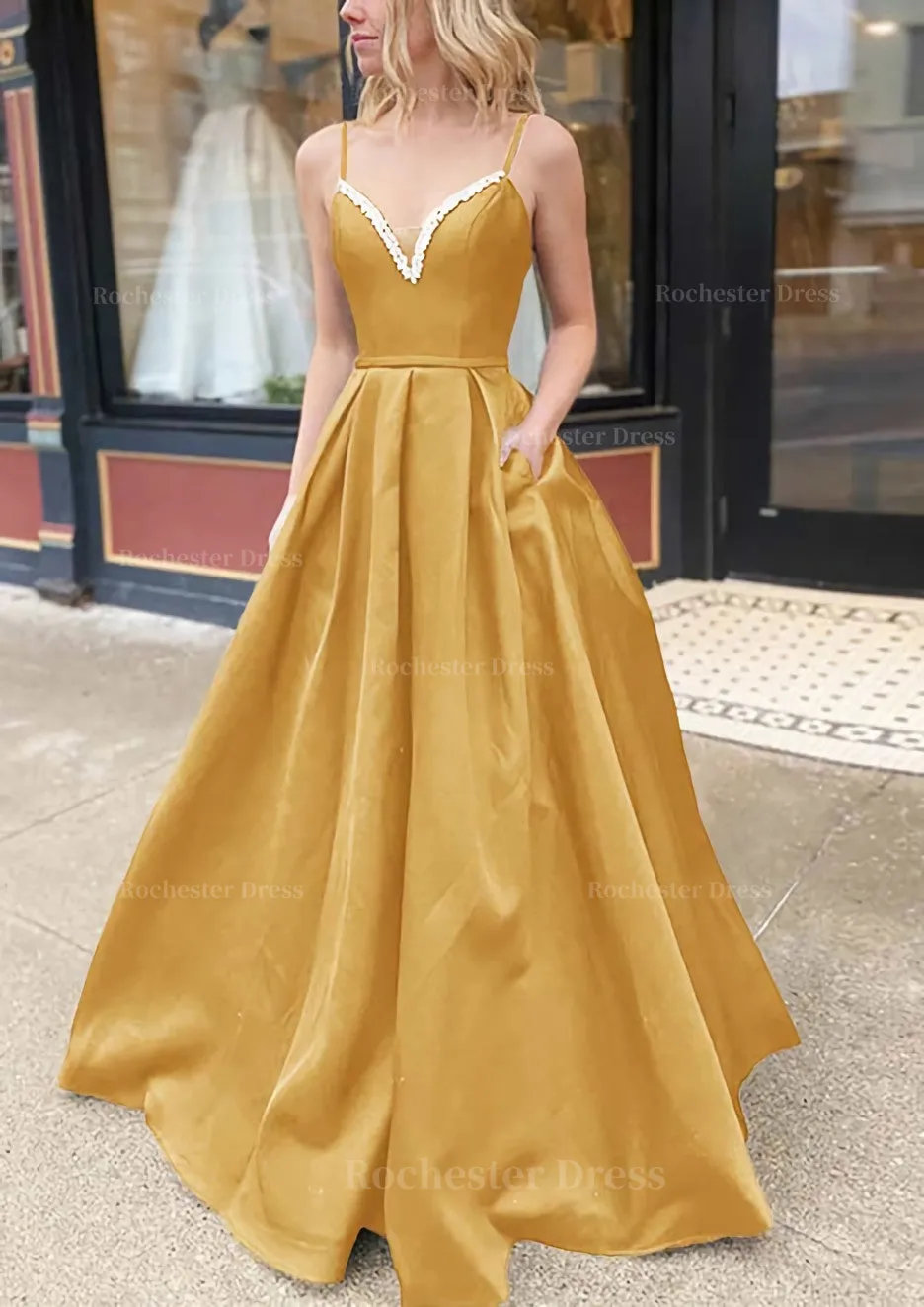 A-line V Neck Spaghetti Straps Long/Floor-Length Satin Prom Dress With Beading Pockets