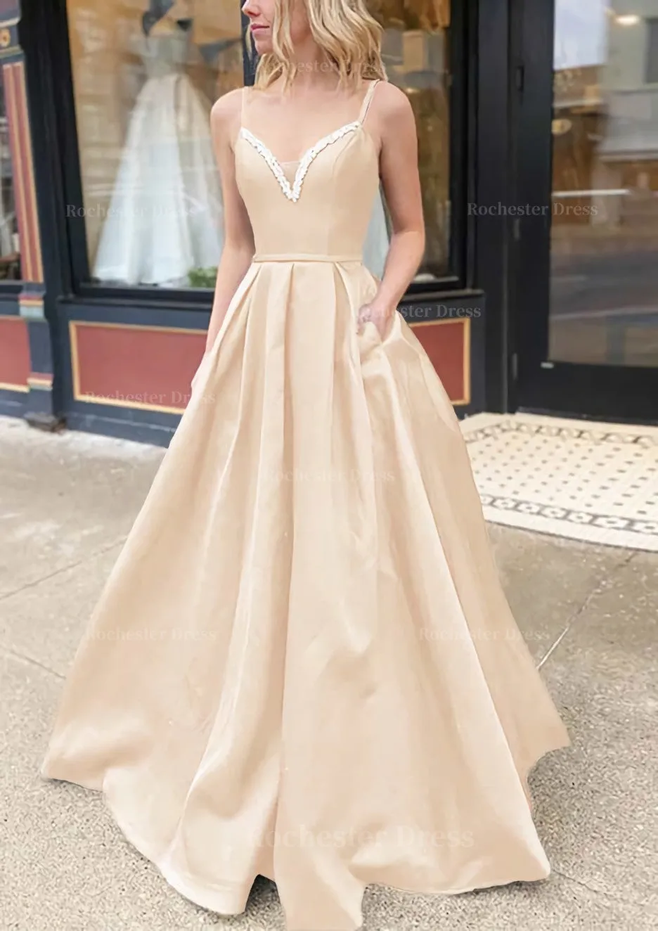 A-line V Neck Spaghetti Straps Long/Floor-Length Satin Prom Dress With Beading Pockets