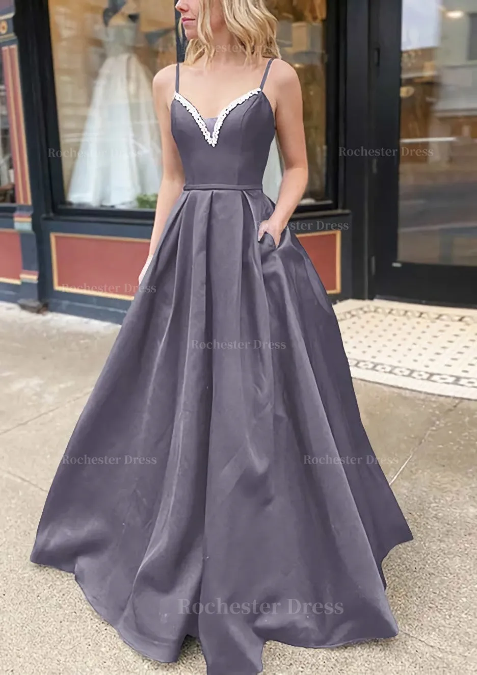 A-line V Neck Spaghetti Straps Long/Floor-Length Satin Prom Dress With Beading Pockets