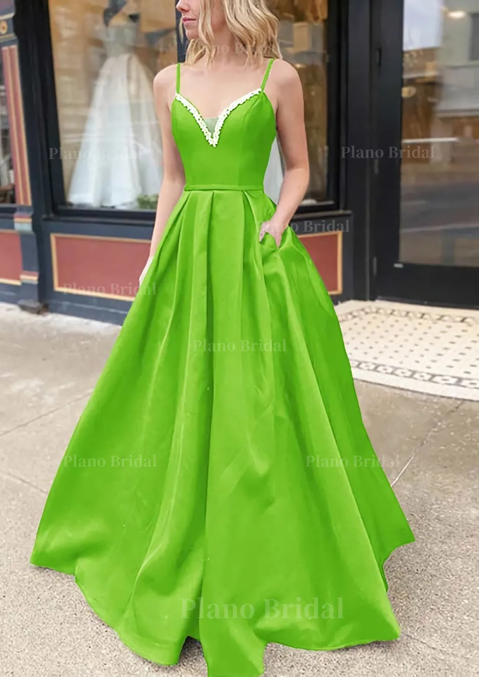 A-line V Neck Spaghetti Straps Long/Floor-Length Satin Prom Dress With Beading Pockets