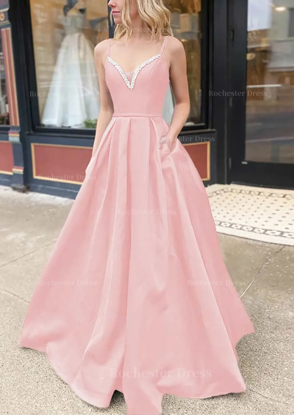 A-line V Neck Spaghetti Straps Long/Floor-Length Satin Prom Dress With Beading Pockets