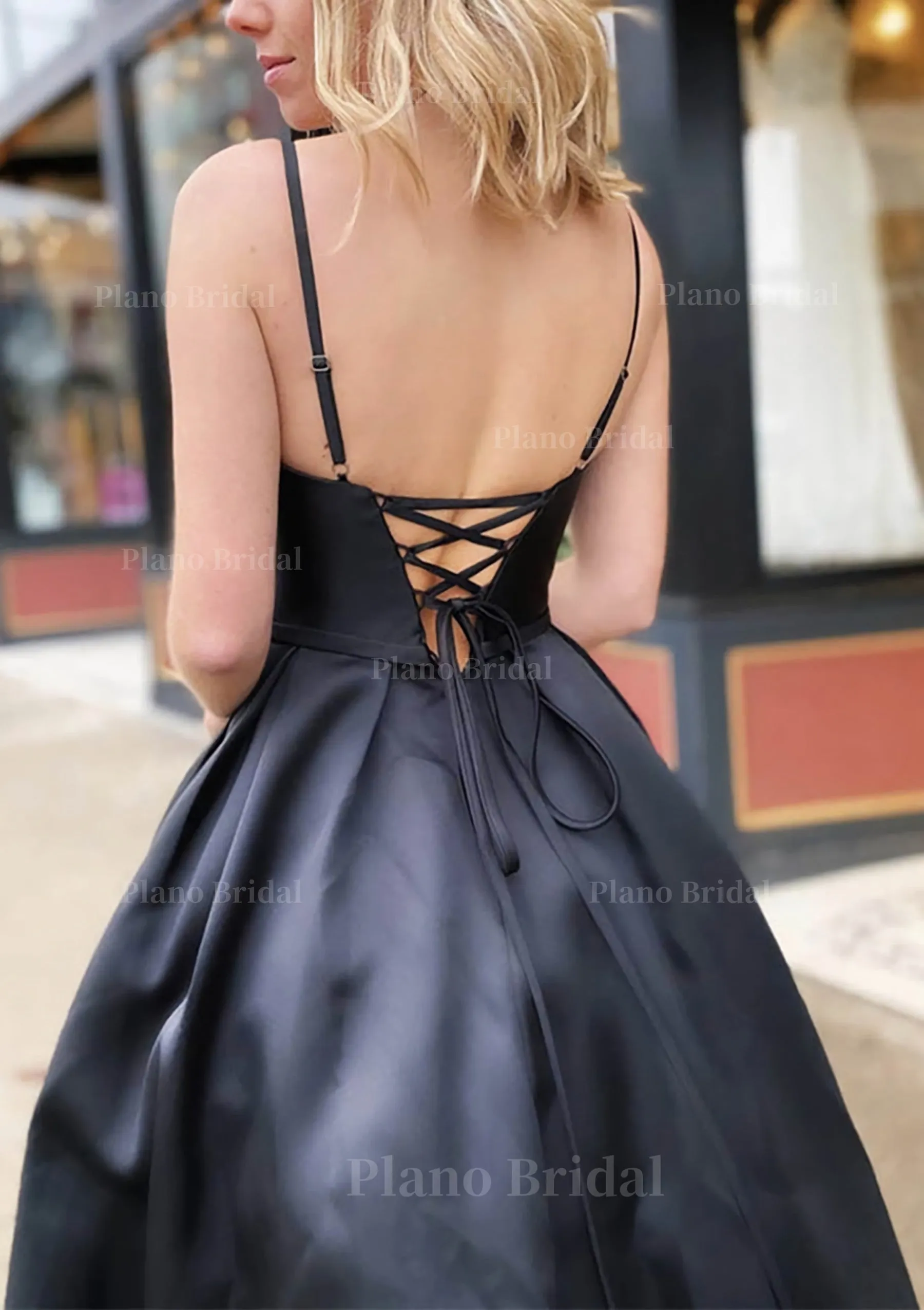 A-line V Neck Spaghetti Straps Long/Floor-Length Satin Prom Dress With Beading Pockets