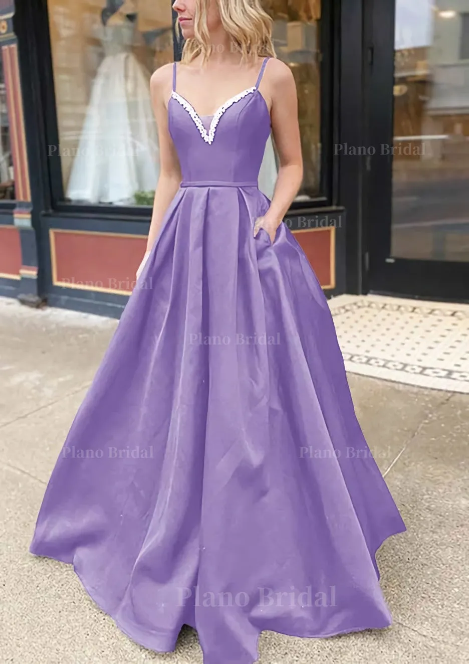 A-line V Neck Spaghetti Straps Long/Floor-Length Satin Prom Dress With Beading Pockets