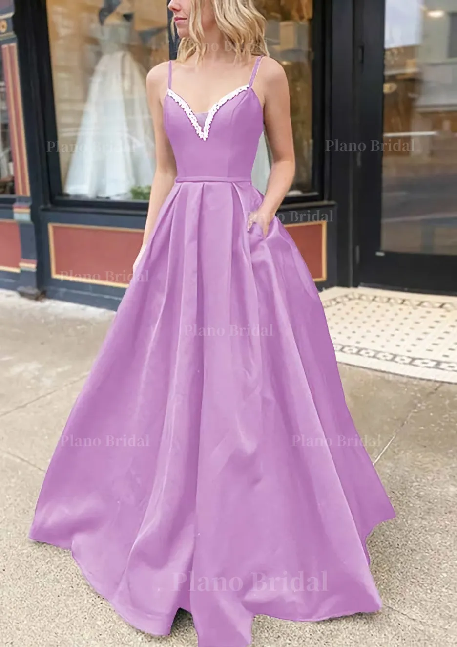 A-line V Neck Spaghetti Straps Long/Floor-Length Satin Prom Dress With Beading Pockets