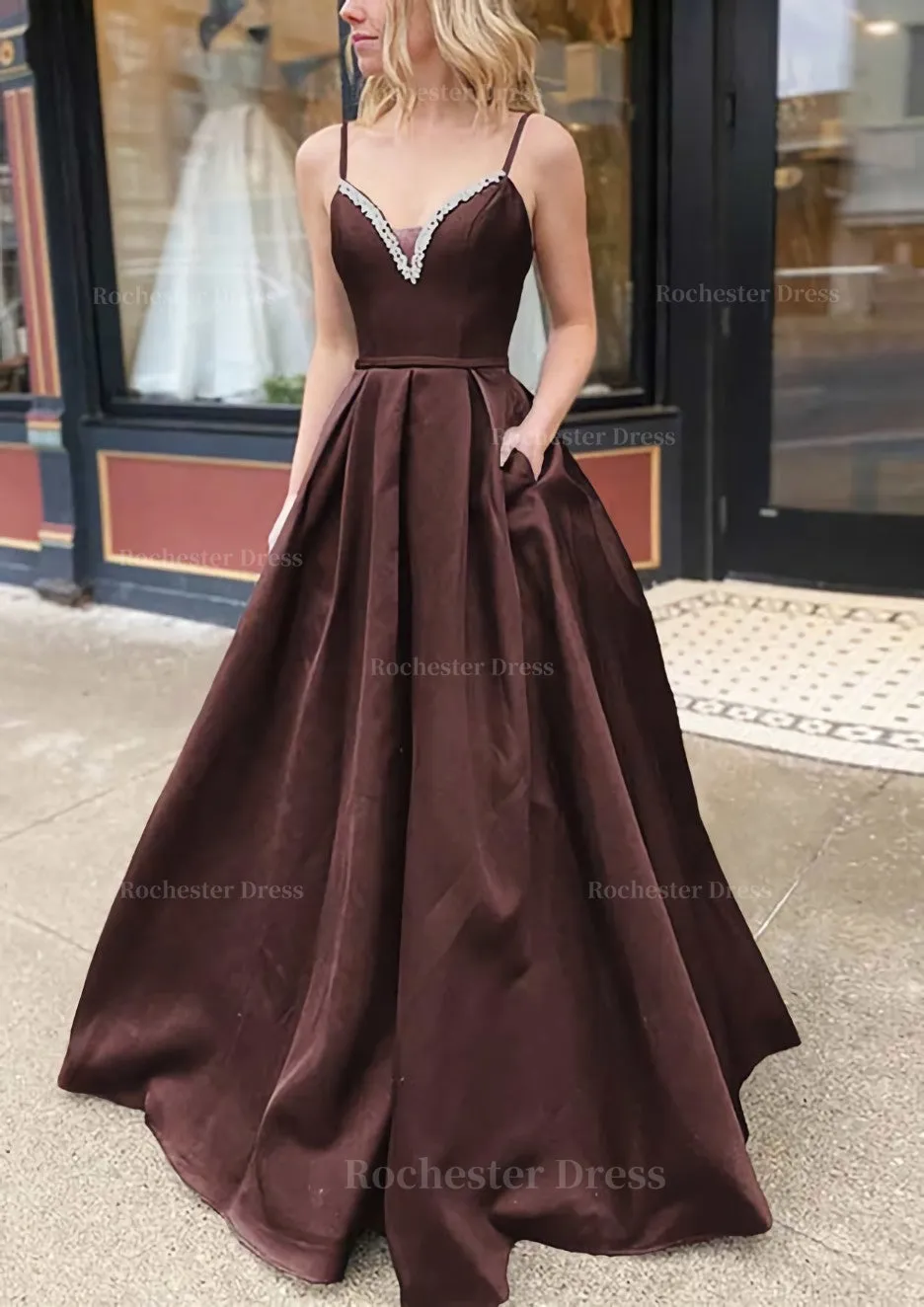 A-line V Neck Spaghetti Straps Long/Floor-Length Satin Prom Dress With Beading Pockets