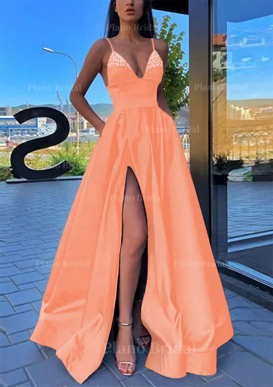 A-line V Neck Spaghetti Straps Long/Floor-Length Satin Prom Dress With Split Pockets Beading