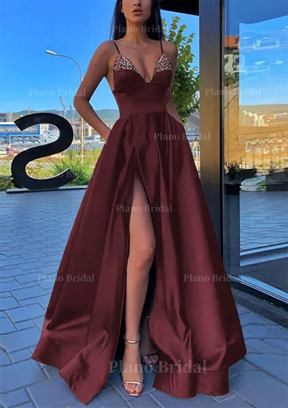 A-line V Neck Spaghetti Straps Long/Floor-Length Satin Prom Dress With Split Pockets Beading