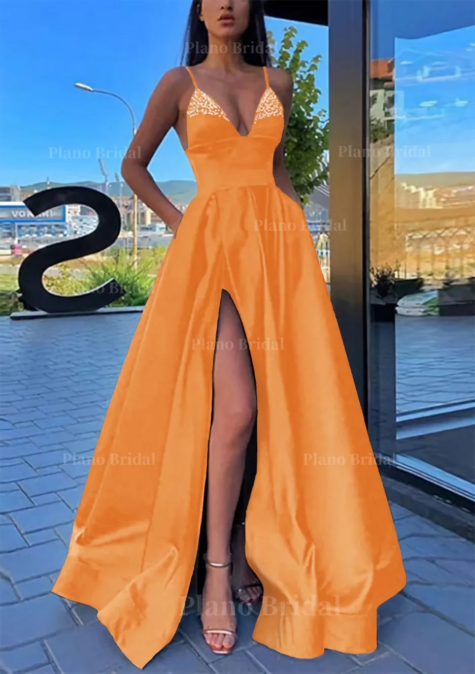 A-line V Neck Spaghetti Straps Long/Floor-Length Satin Prom Dress With Split Pockets Beading