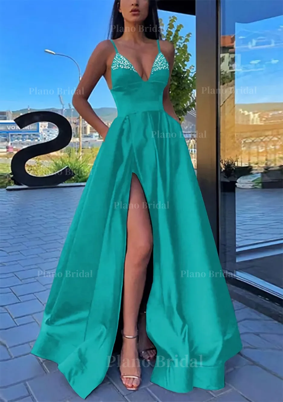 A-line V Neck Spaghetti Straps Long/Floor-Length Satin Prom Dress With Split Pockets Beading