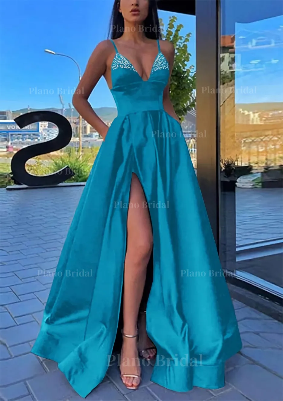 A-line V Neck Spaghetti Straps Long/Floor-Length Satin Prom Dress With Split Pockets Beading