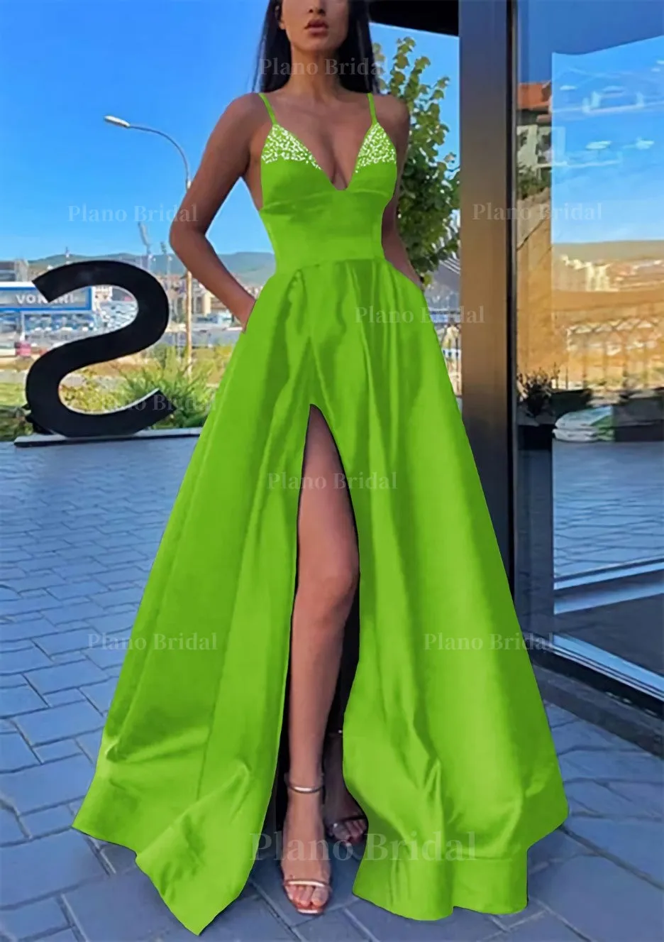 A-line V Neck Spaghetti Straps Long/Floor-Length Satin Prom Dress With Split Pockets Beading