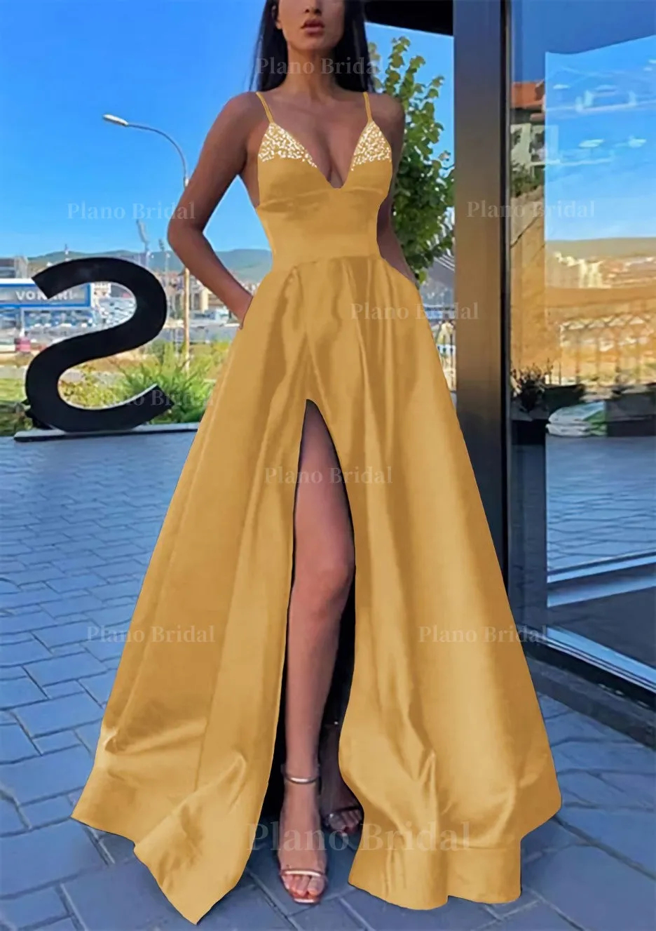 A-line V Neck Spaghetti Straps Long/Floor-Length Satin Prom Dress With Split Pockets Beading