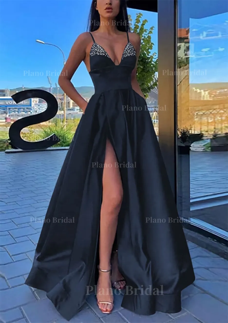 A-line V Neck Spaghetti Straps Long/Floor-Length Satin Prom Dress With Split Pockets Beading