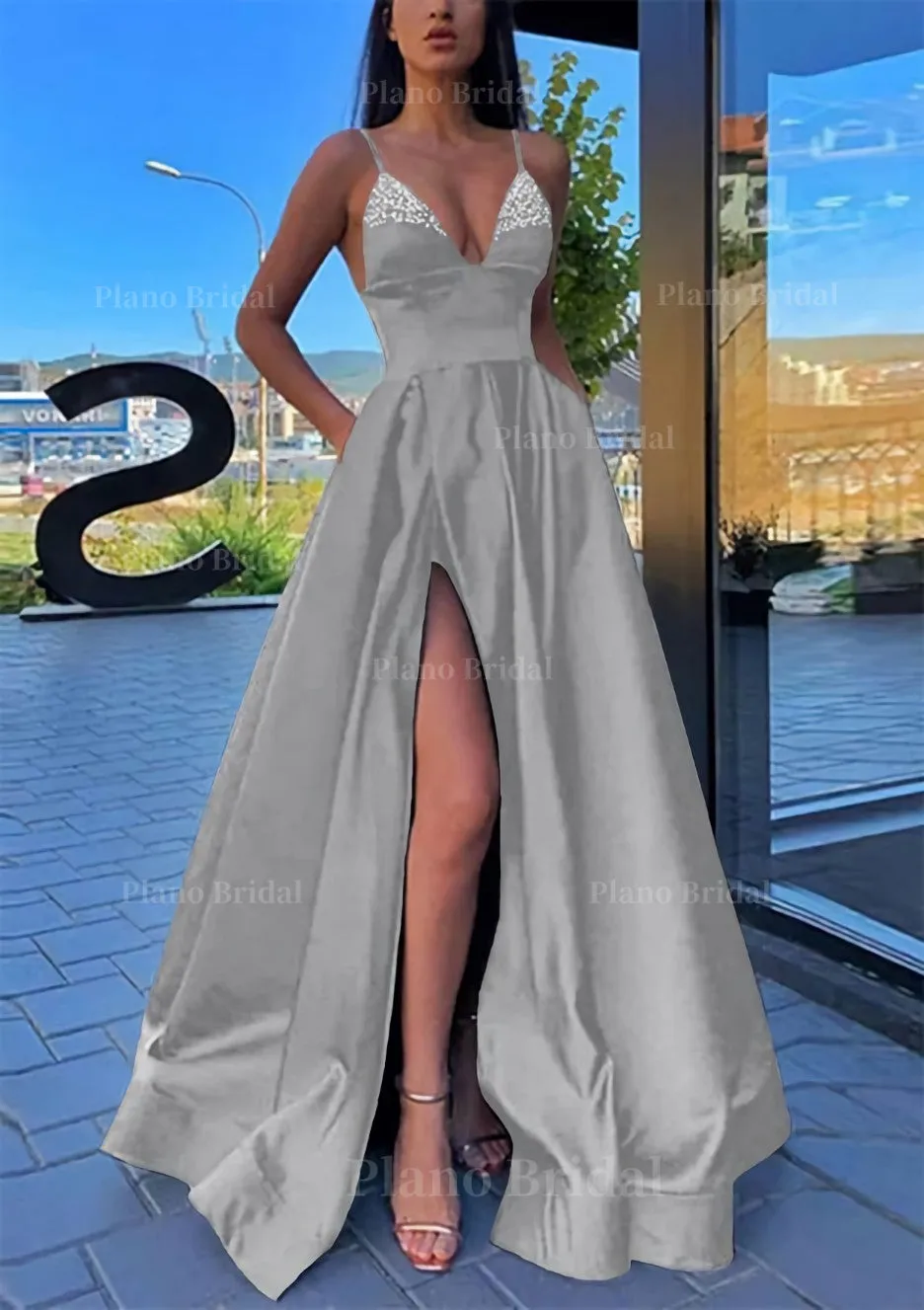 A-line V Neck Spaghetti Straps Long/Floor-Length Satin Prom Dress With Split Pockets Beading