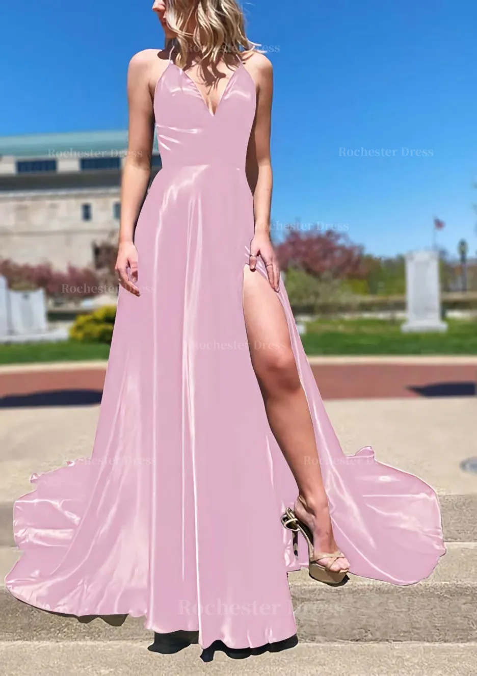 A-line V Neck Spaghetti Straps Sweep Train Charmeuse Prom Dress With Split