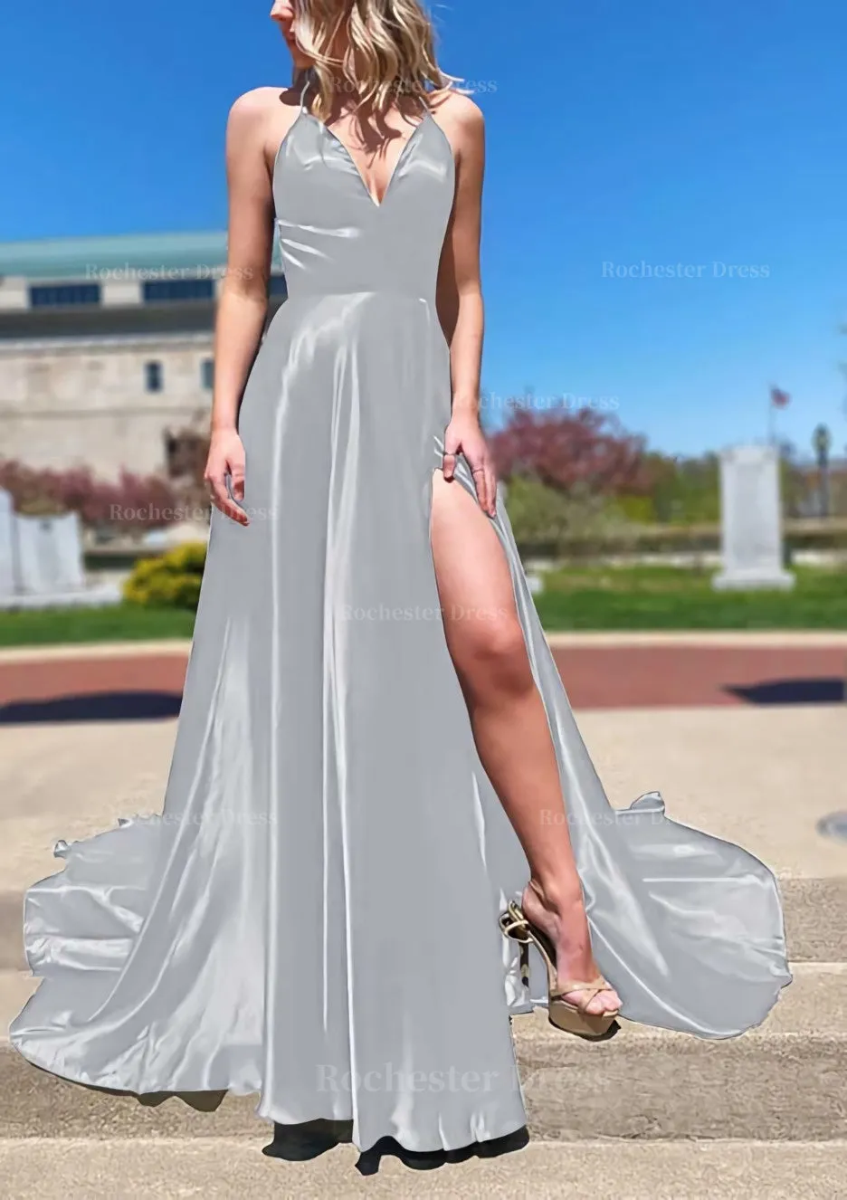 A-line V Neck Spaghetti Straps Sweep Train Charmeuse Prom Dress With Split