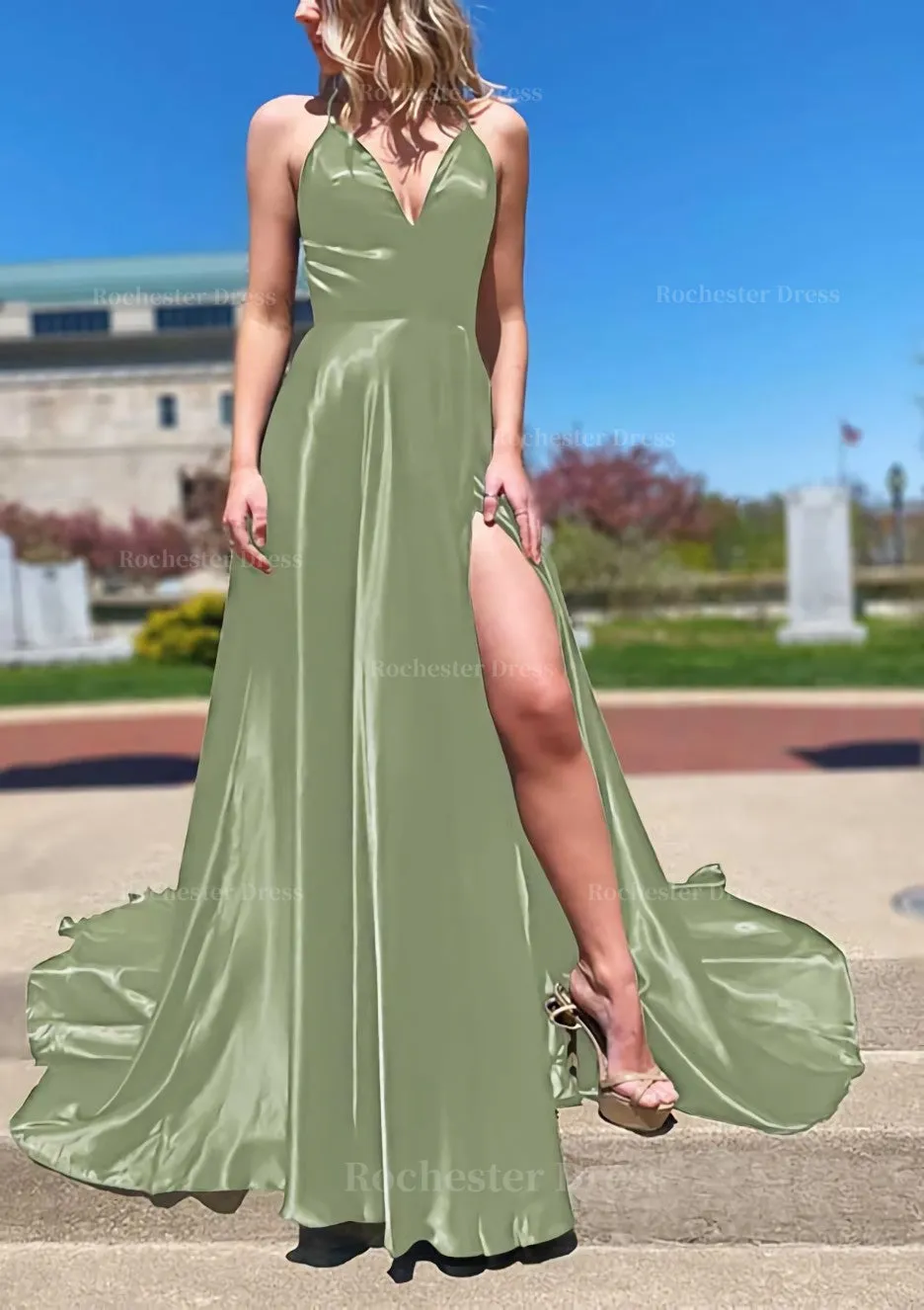 A-line V Neck Spaghetti Straps Sweep Train Charmeuse Prom Dress With Split