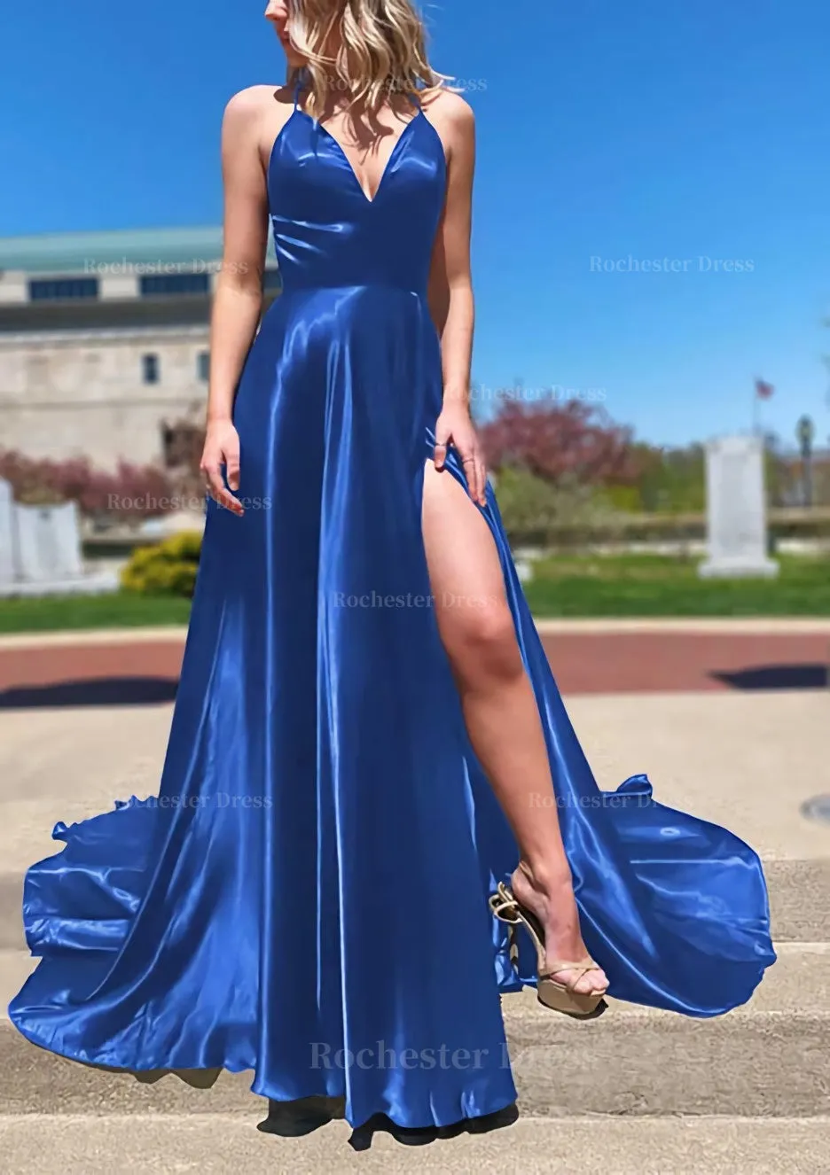 A-line V Neck Spaghetti Straps Sweep Train Charmeuse Prom Dress With Split