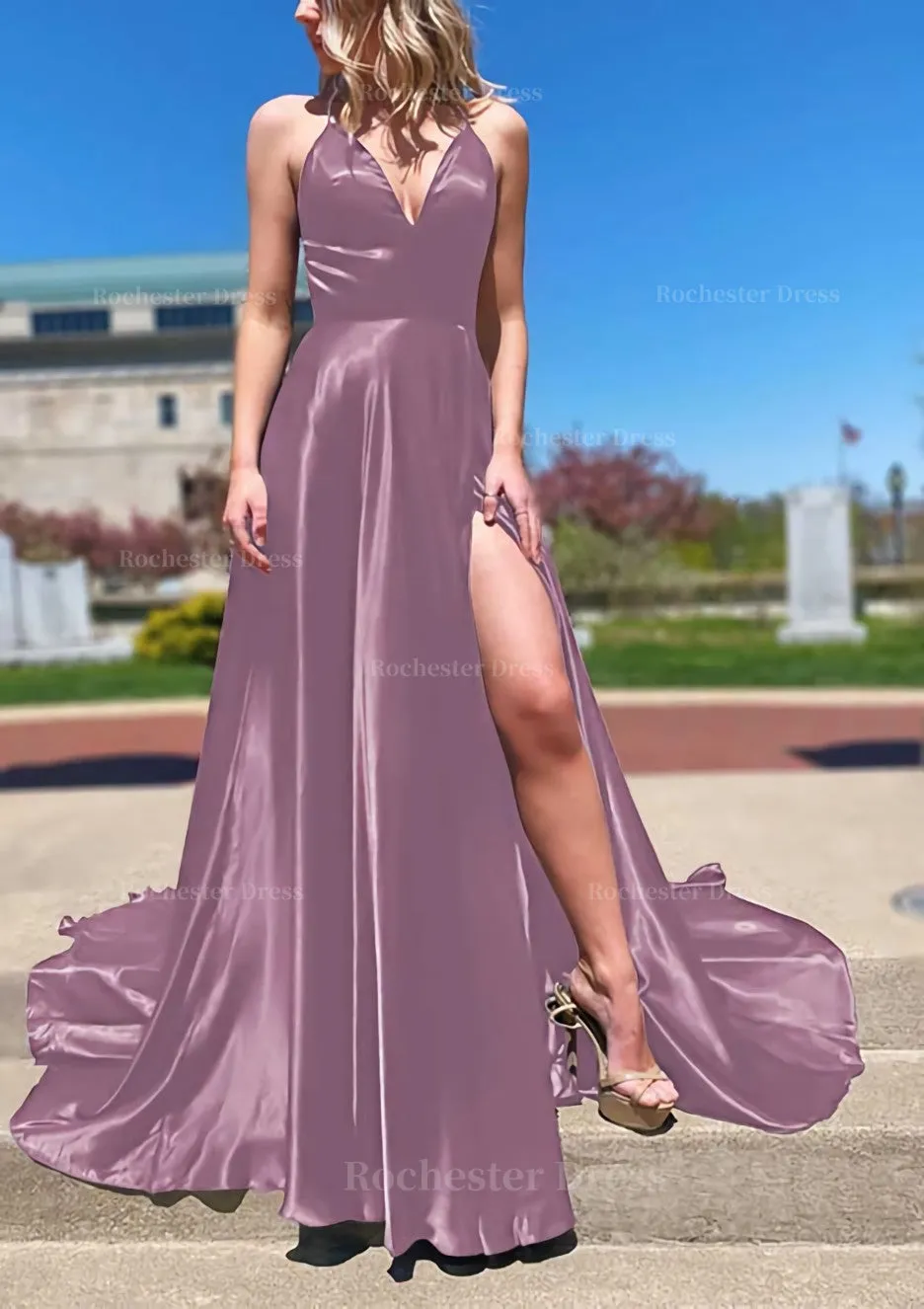 A-line V Neck Spaghetti Straps Sweep Train Charmeuse Prom Dress With Split